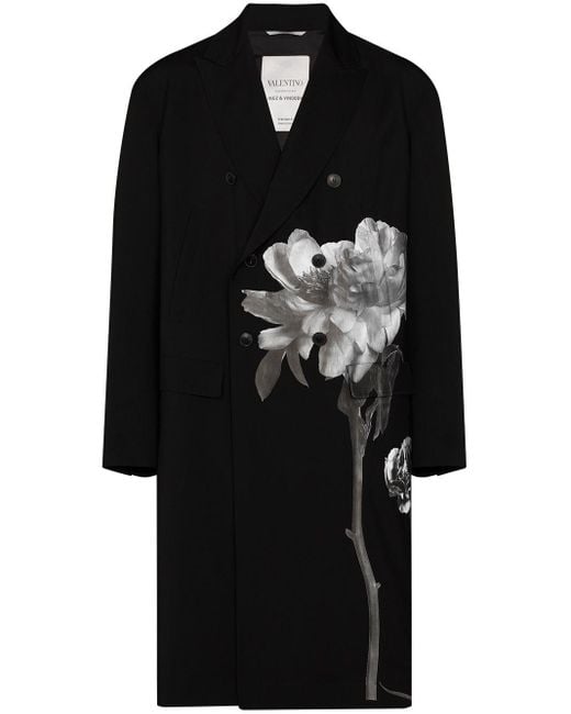 Valentino Black Floral-detail Double-breasted Coat for men
