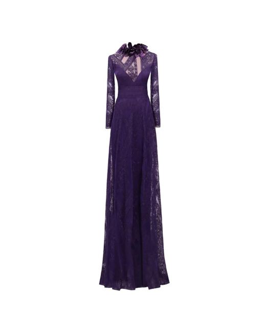 Gemy Maalouf Purple Patterned-Lace Long-Sleeves Maxi Dress