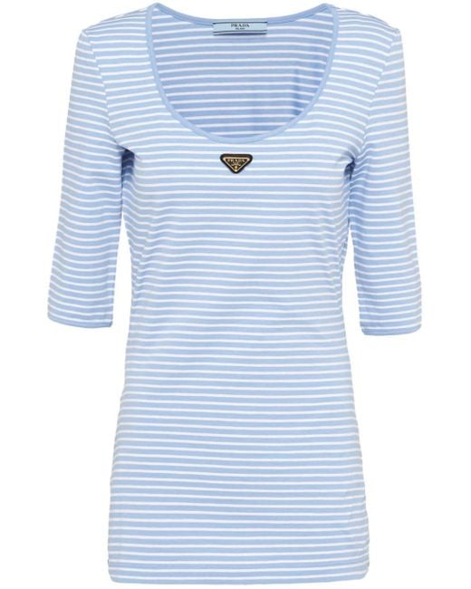 Prada Blue Triangle-logo Striped T-shirt