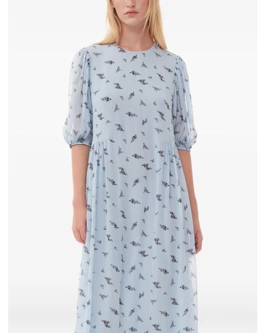 Ganni Blue Puffed-Sleeve Floral Dress