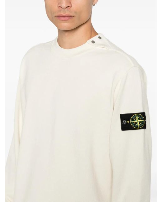 Stone Island White Button-Detail Sweater With Logo Patch On The Shoulder for men