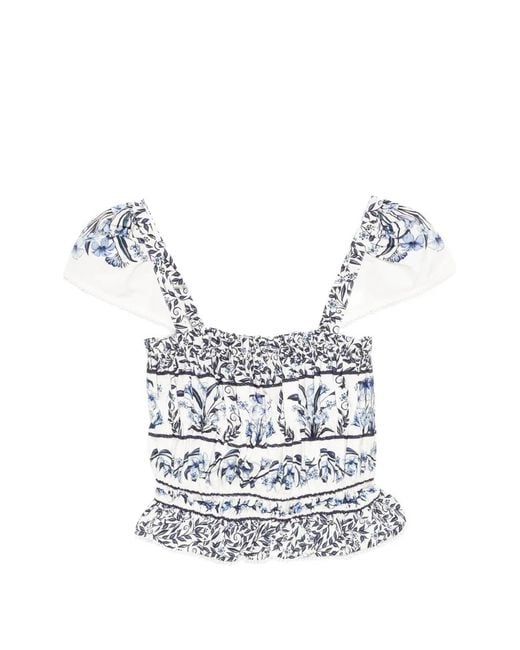 Farm Rio White Floral-Print Gathered Blouse
