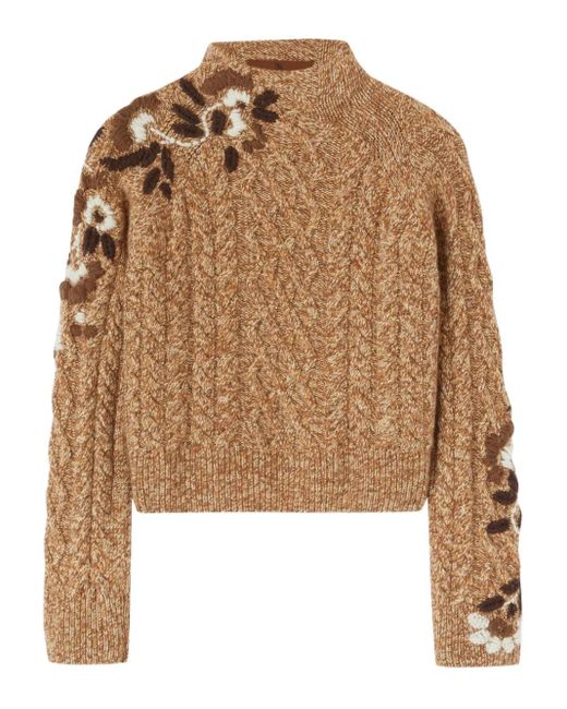 Ermanno Scervino Brown Cable-Knit Floral-Embroidered Sweater