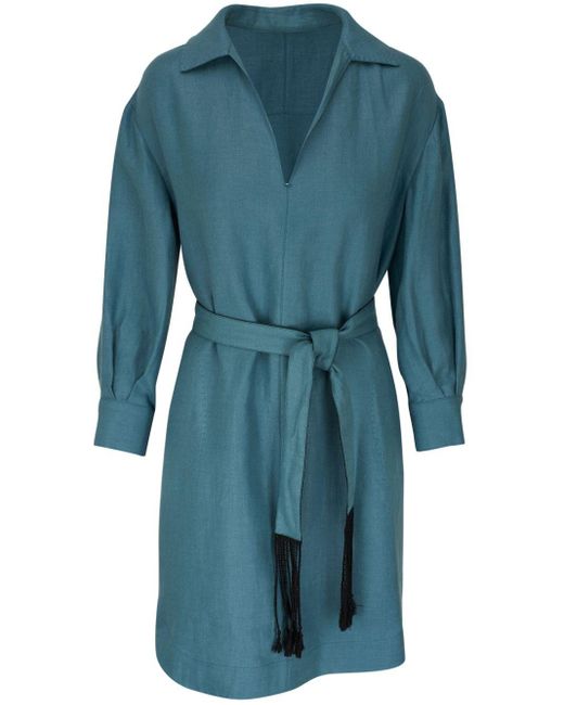 Agnona Blue Tie-waist Linen Midi Dress
