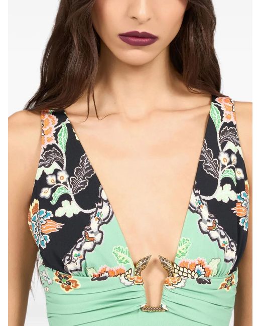 Roberto Cavalli Green Floral-Print Midi Dress
