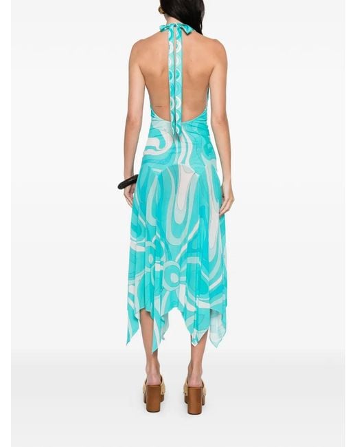 Emilio Pucci Blue Marmo-Print V-Neck Asymmetric Dress