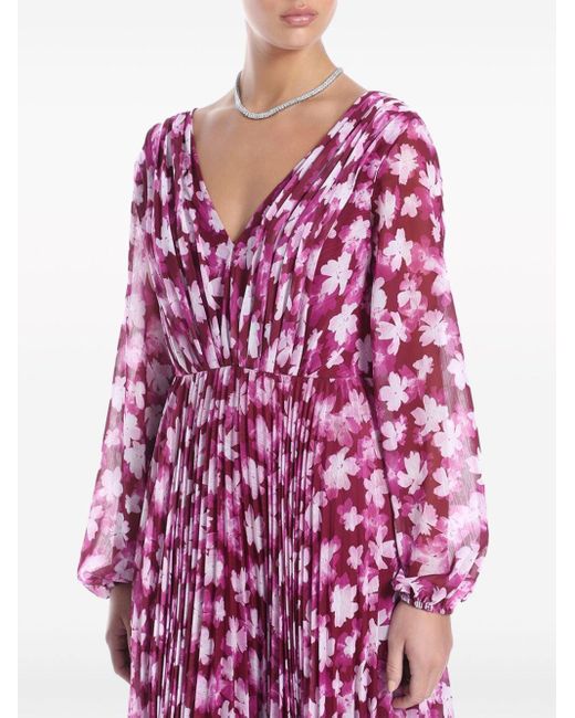 Monique Lhuillier Purple Floral-print Pleated Maxi Dress