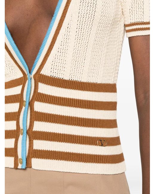 Valentino Garavani Natural Cardigan Rayé À Plaque Logo