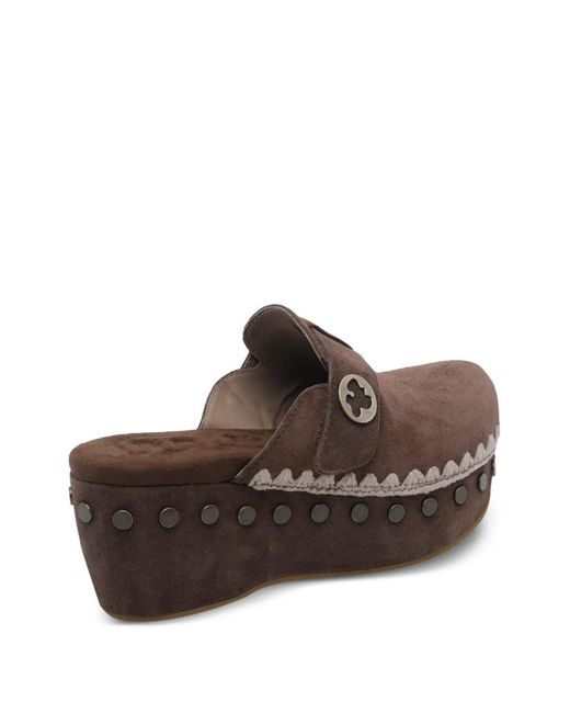 Mou Brown Round-Toe Studded Clogs