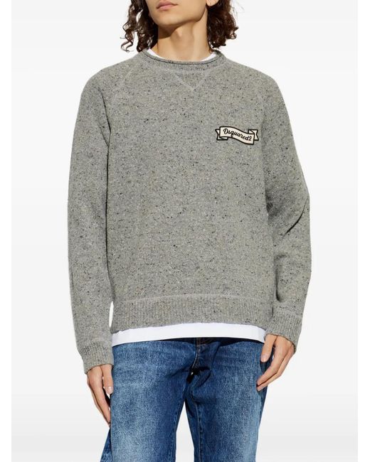 DSquared² Gray Logo-Patch Flecked Sweater for men