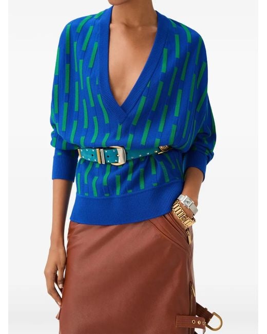 Versace Blue Embroidered-Logo Wool Knit V-Neck Jumper