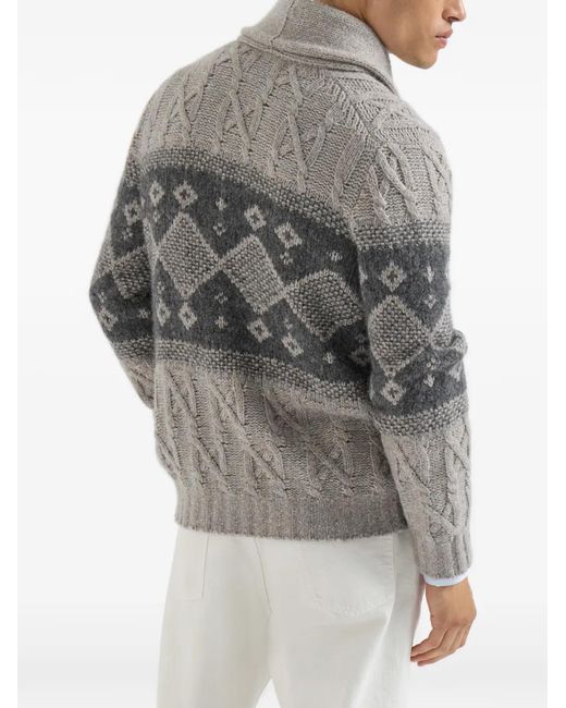 Brunello Cucinelli Gray Virgin-Wool, Silk And Cashmere Chiné Cable-Knit Cardigan With Intarsia for men