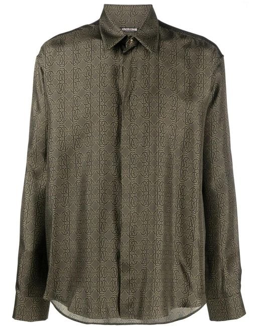 Roberto Cavalli Green Monogram-Print Silk Shirt for men