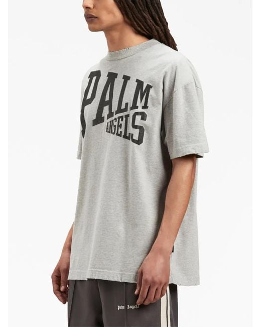 Palm Angels Gray Logo Printed Cotton T Shirt for men