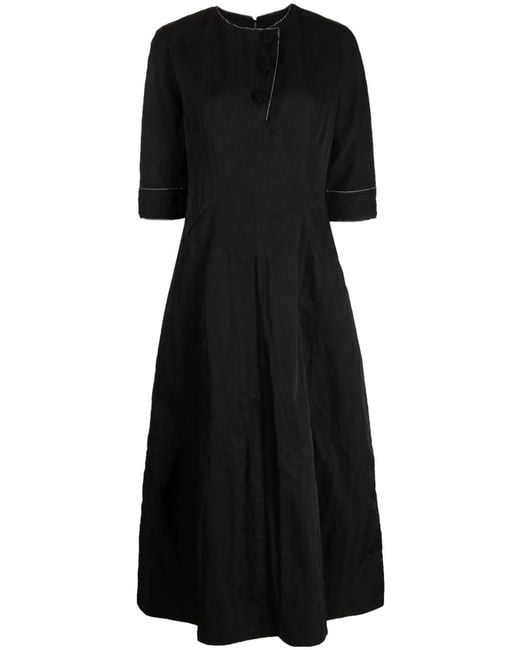 Shiatzy Chen Black Floral-Button Half-Sleeve Midi Dress