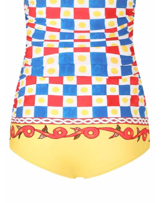 Dolce & Gabbana Red Carretto-Print Plunge-Neck Swimsuit