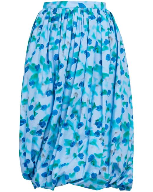 Marni Blue Floral-Print Peplum Midi Skirt