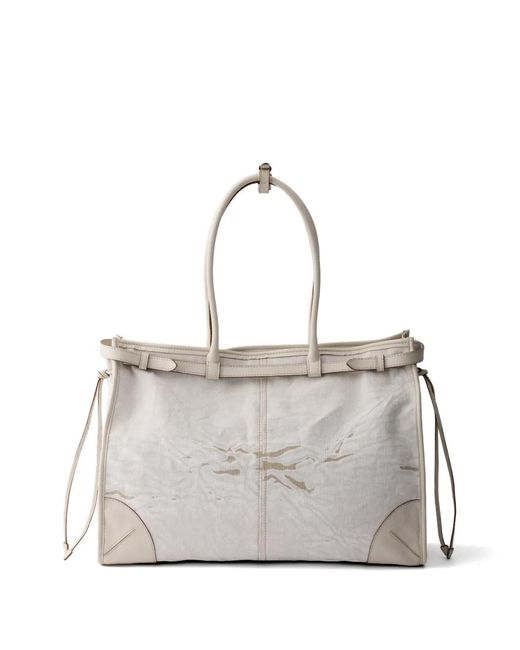 Prada Gray Bonnie Printed Linen And Leather Tote Bag