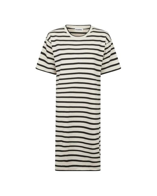 Jil Sander White Striped Short-Sleeve Midi Dress