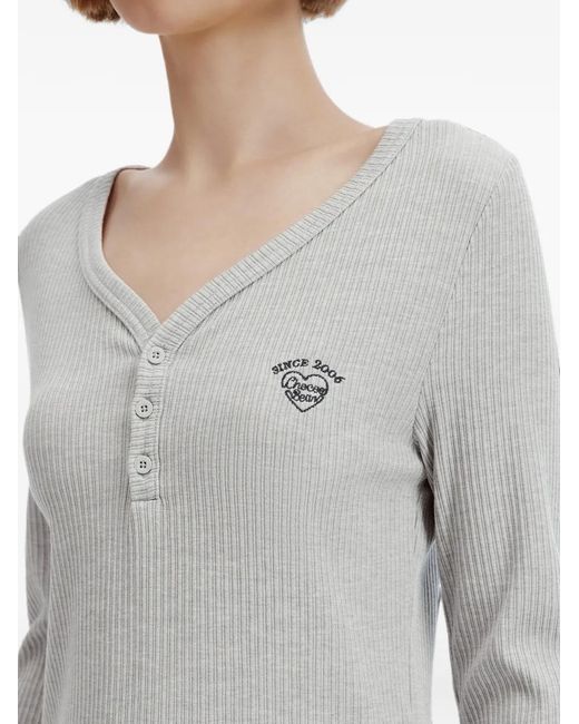 Chocoolate Gray Ribbed-Knit Heart-Motif T-Shirt