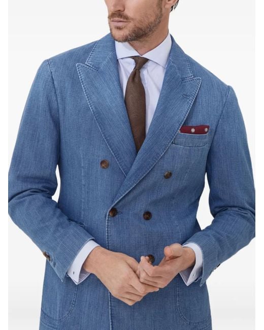 Brunello Cucinelli Blue Denim Double-Breasted Blazer for men
