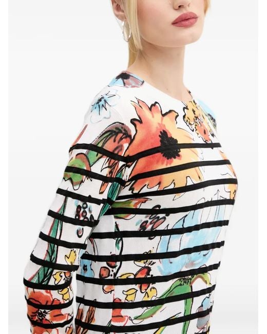 Desigual White Floral-Print Striped Sweater