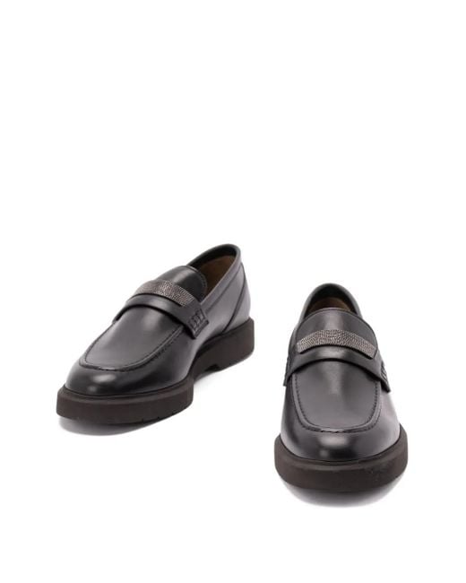 Brunello Cucinelli Black Chain-Detail Leather Loafers