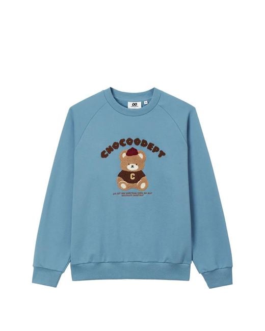 Chocoolate Blue Bear-Embroidered Raglan-Sleeved Sweatshirt