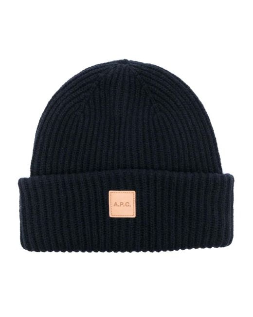 A.P.C. Blue Gerippte Beanie Mit Logo-Patch