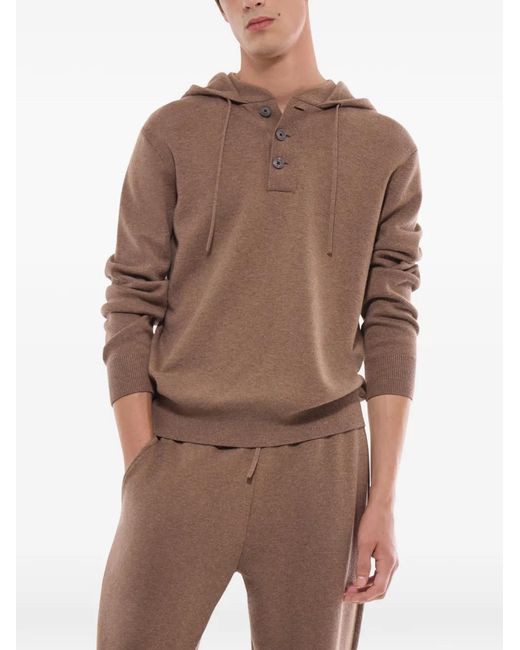 Fursac Brown Button-Placket Knitted Hoodie for men