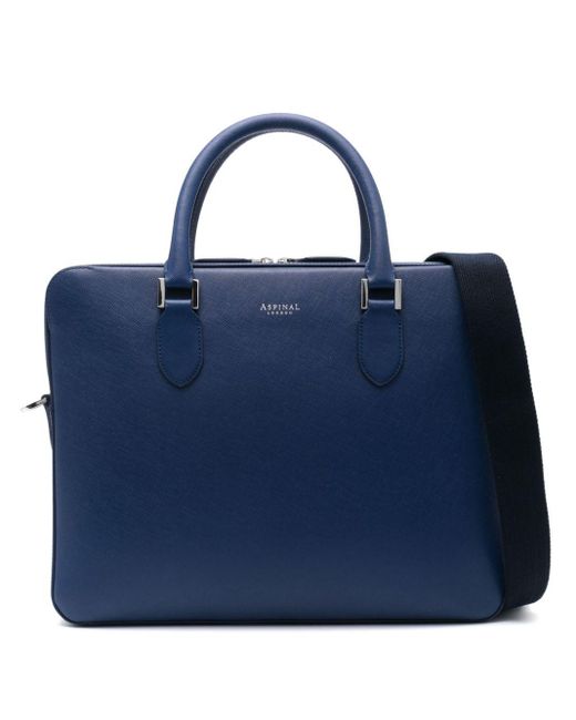 Aspinal Blue Slim Leather Briefcase for men