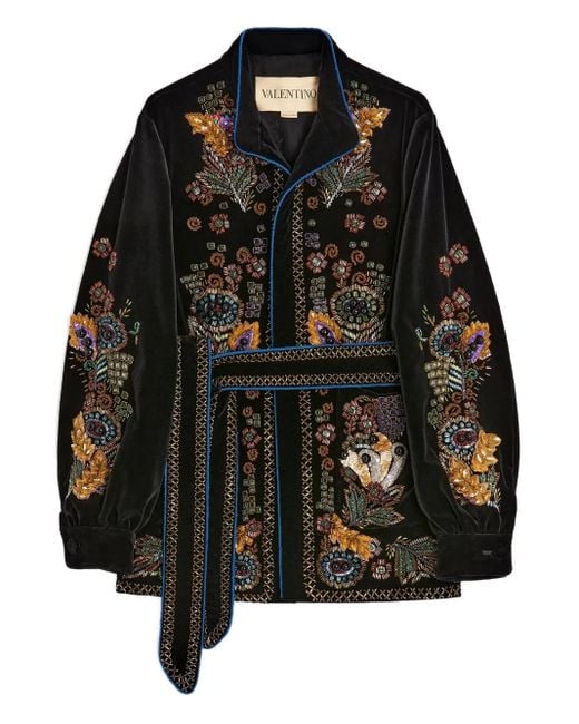 Valentino Garavani Black Cotton Velvet Jacket With Belt And Embroidery for men