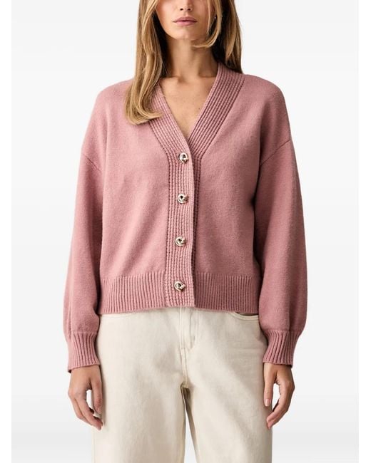 Joseph Ribkoff Pink Ribbed-Knit Button-Up V-Neck Cardigan