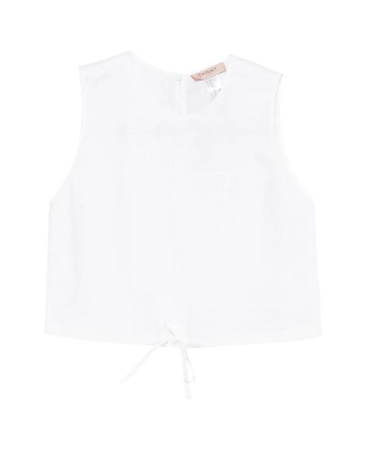 Twinset White Linen Top With Embroidered Logo