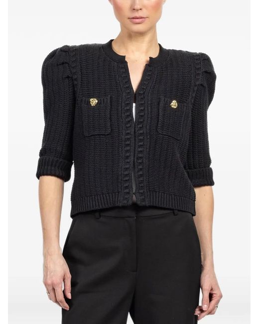 L'Agence Black Delilah Puff-Sleeve Chest-Pocket Cardigan
