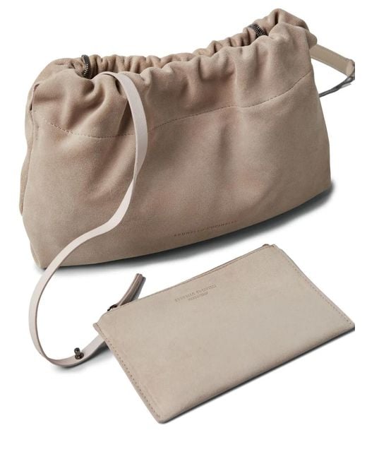 Brunello Cucinelli Natural Drawstring Suede Shoulder Bag