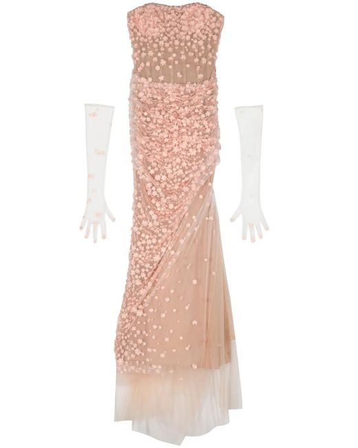 Jean Louis Sabaji Natural Floral-Appliqué Long Corset Dress