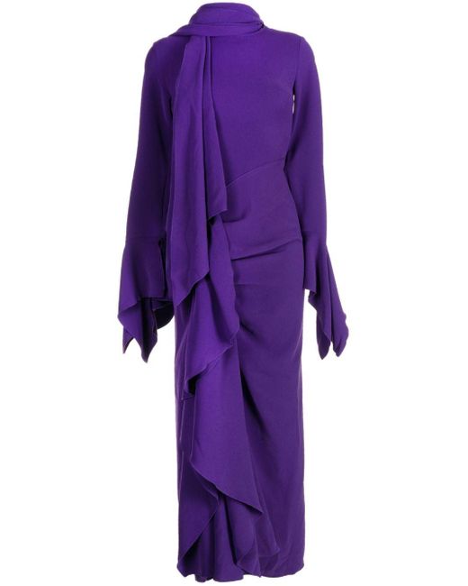 Solace London Purple Nella Draped Ruffled Crepe Maxi Dress