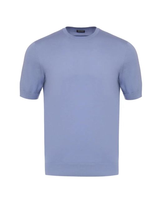 Zegna Blue Short-Sleeve Knitted Cotton T-Shirt for men
