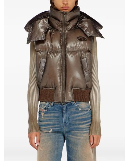 DIESEL Brown Gilet En Duvet Ripstop À Capuche Amovible
