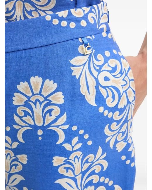 Lola Casademunt Blue Damask-Print Wide-Leg Trousers