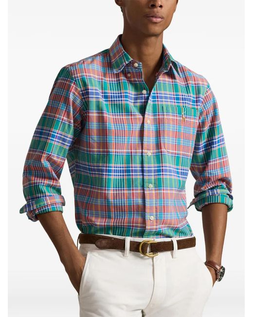 Polo Ralph Lauren Blue Plaid-Pattern Logo-Embroidered Shirt for men