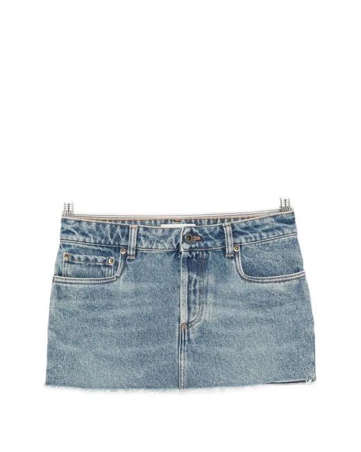 Miu Miu Blue Logo-Patch Frayed-Hem Mini Denim Skirt