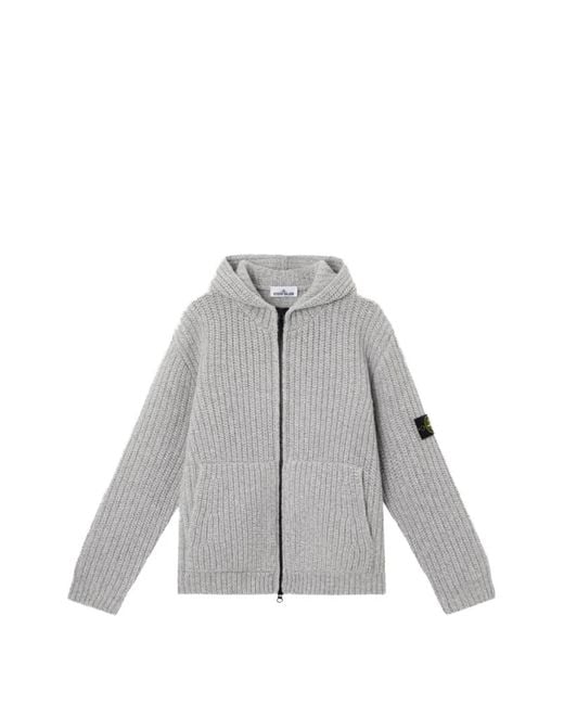 Stone Island Gray Ribbed-Knit Zip-Up Hoodie for men