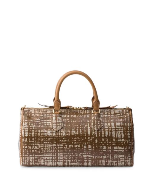 Prada Brown Medium Linen Blend And Leather Top-Handle Bag