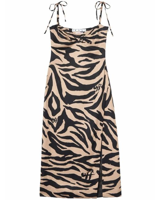 Off-White c/o Virgil Abloh Natural Zebra Print Linen Blend Midi-dress