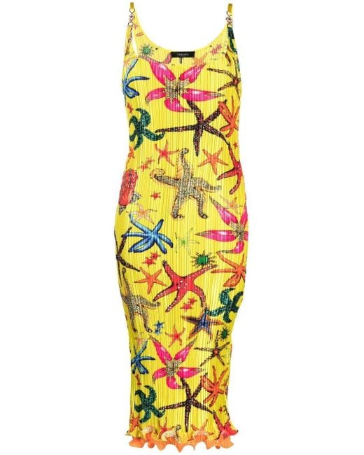 Versace Yellow Starfish-print Plissé Midi Dress
