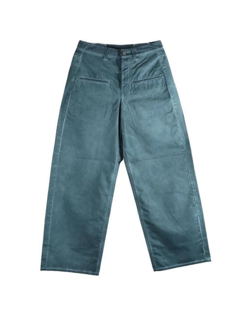 Uma Wang Blue Straight-Leg Logo-Patch Trousers