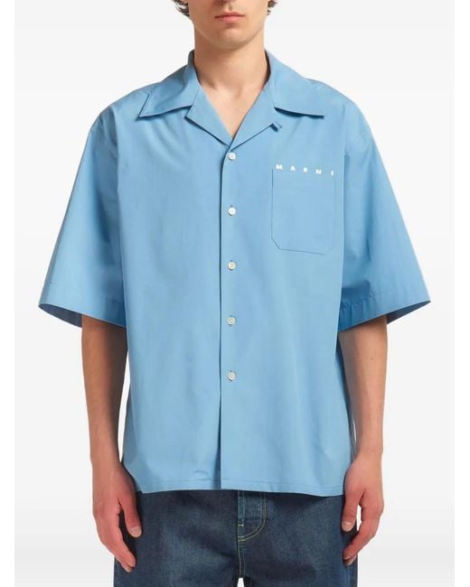 Marni Blue Poplin Bowling Shirt With Peeping Logo for men
