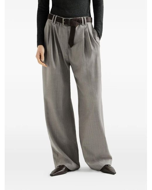 Brunello Cucinelli Gray Sparkling Virgin-Wool Pinstripe Track Trousers With Monili